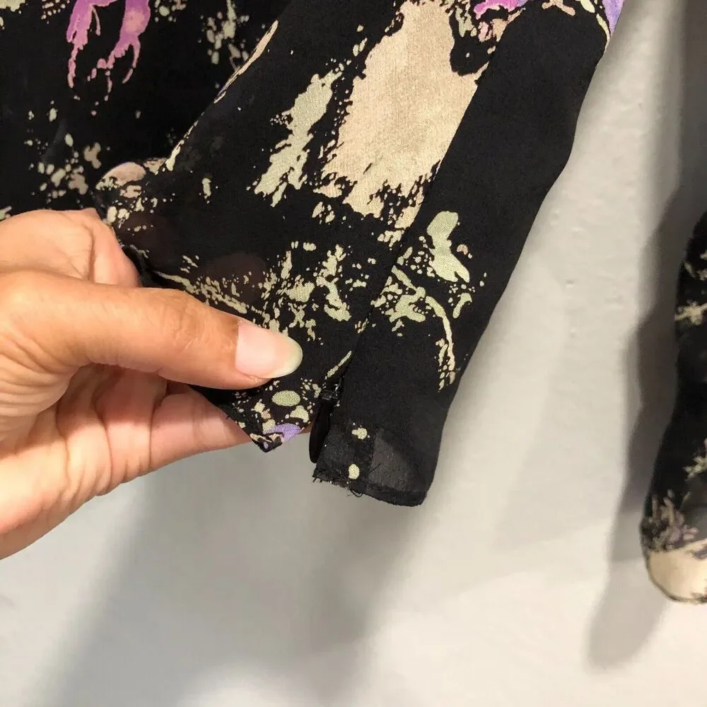 ann taylor 100% silk top xs small black leaves splat sheer chiffon dressy chic - Picture 6 of 14